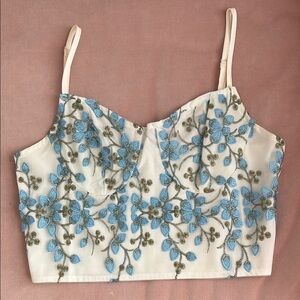 Floral Embroidered Blue and White Women's Top